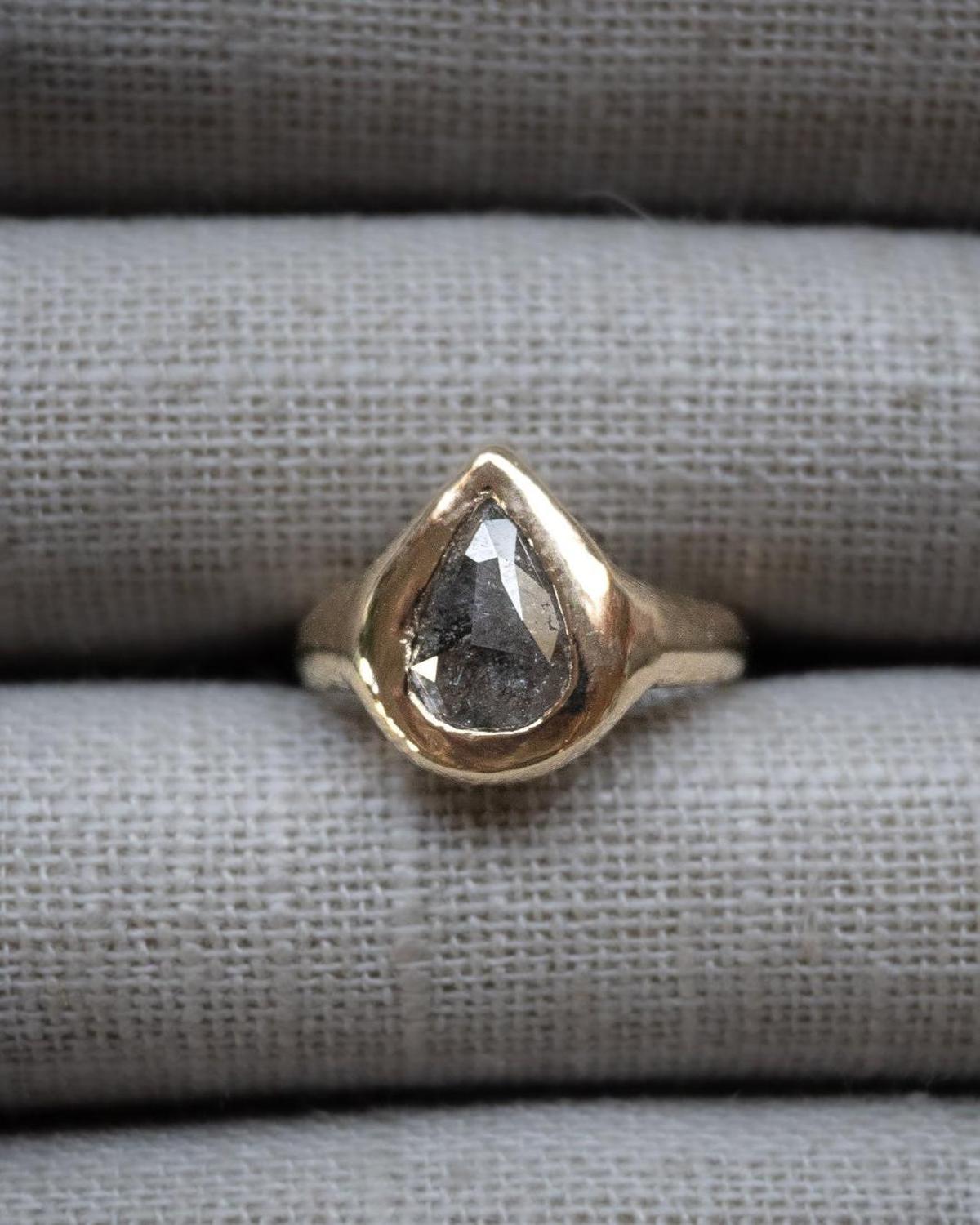 1.32 Carat Black Pear Diamond Solitaire Ceremony Ring, 14k Yellow Gold - Dea Dia