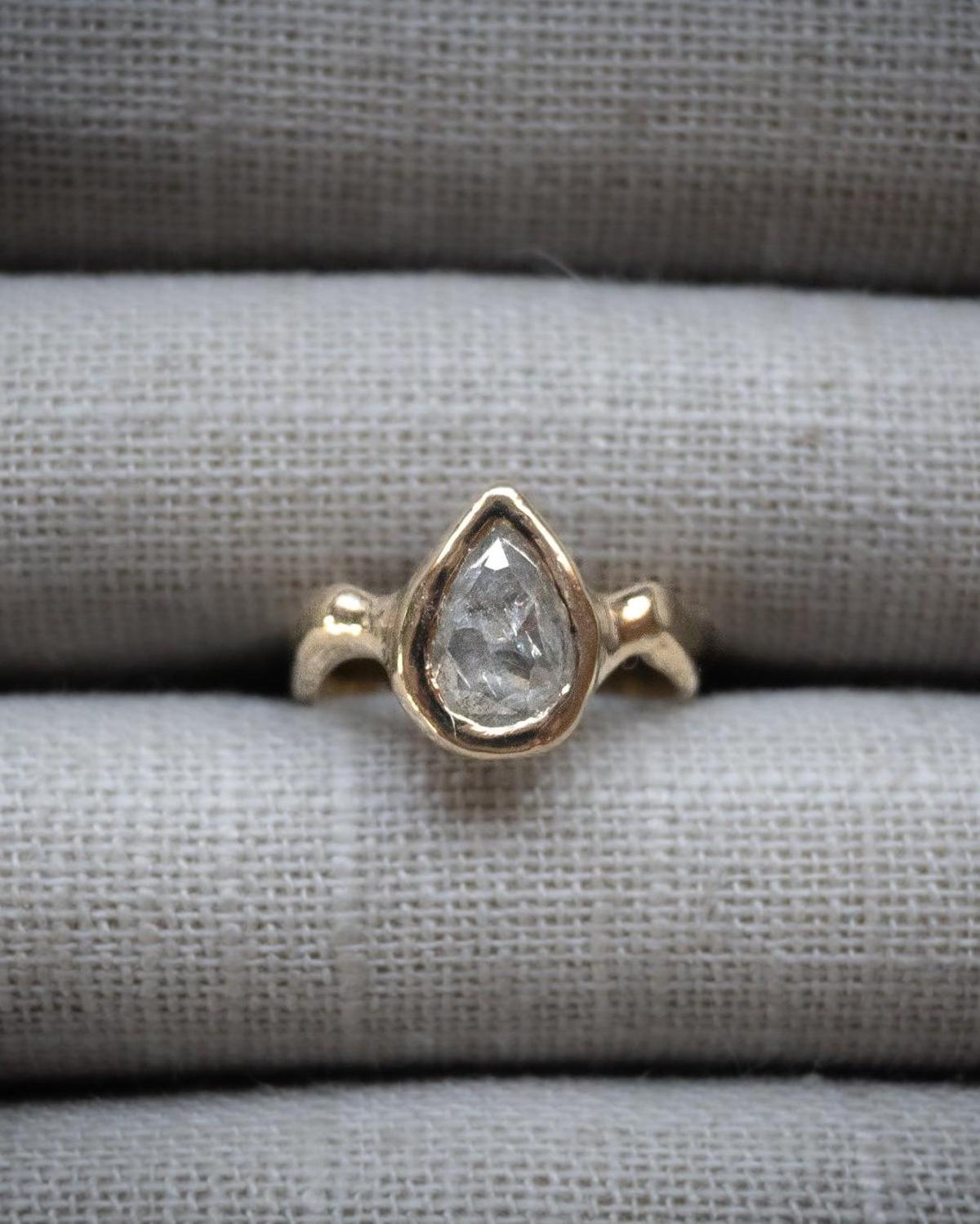 1.36 Carat Icy Grey Pear Diamond Solitaire Ceremony Ring, 14k Yellow Gold - Dea Dia