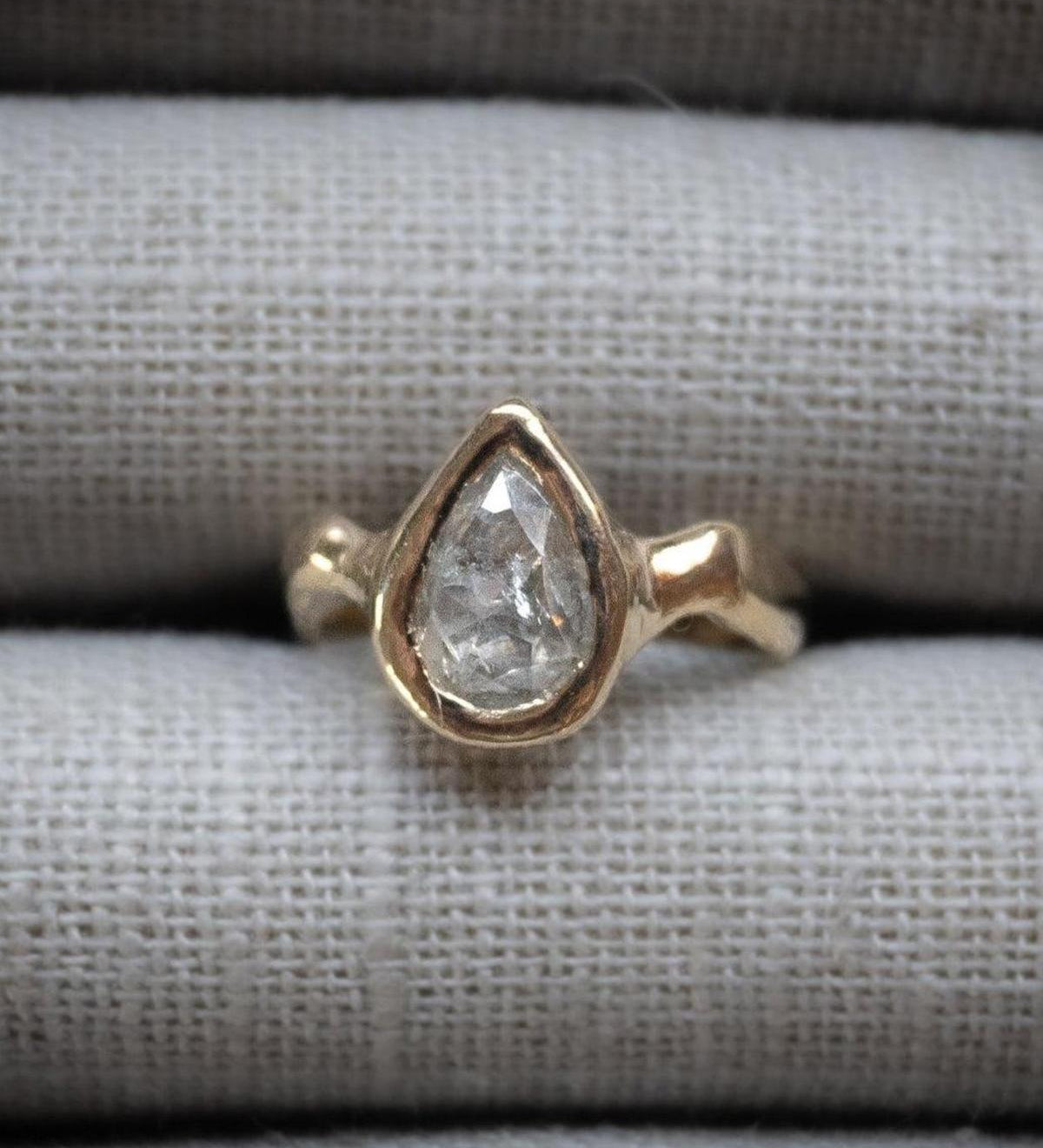 1.36 Carat Icy Grey Pear Diamond Solitaire Ceremony Ring, 14k Yellow Gold - Dea Dia