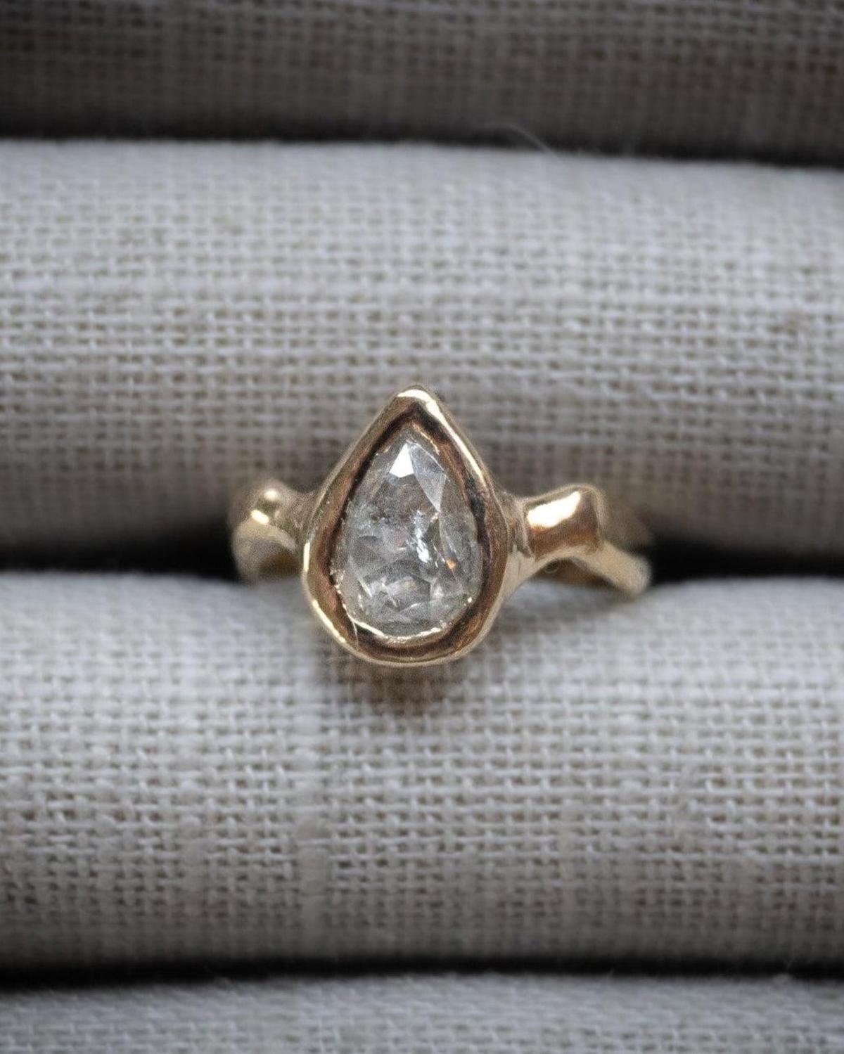 1.36 Carat Icy Grey Pear Diamond Solitaire Ceremony Ring, 14k Yellow Gold - Dea Dia