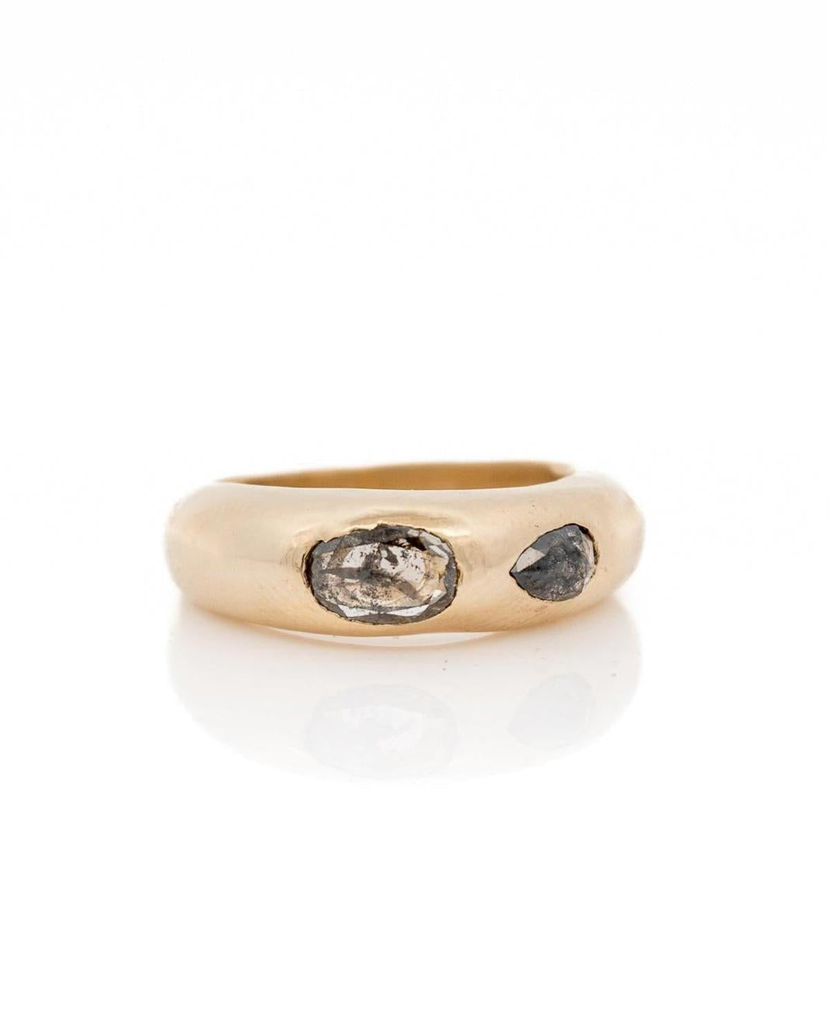 1.47 Carat Two Stone Salt & Pepper Diamond Dome Ring Band, 10k Yellow Gold - Dea Dia