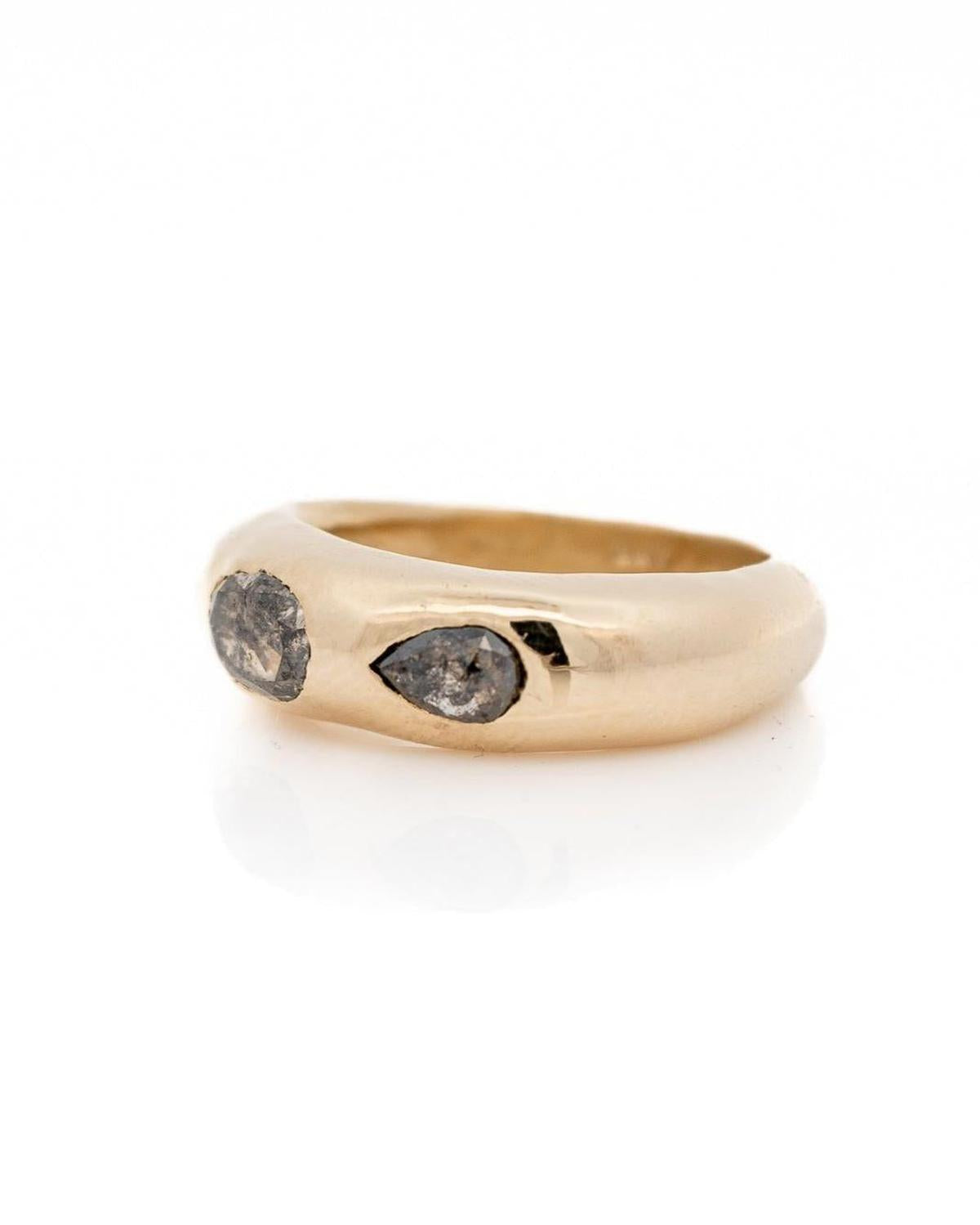 1.47 Carat Two Stone Salt & Pepper Diamond Dome Ring Band, 10k Yellow Gold - Dea Dia