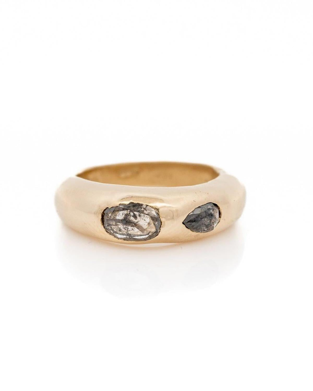 1.47 Carat Two Stone Salt & Pepper Diamond Dome Ring Band, 10k Yellow Gold - Dea Dia