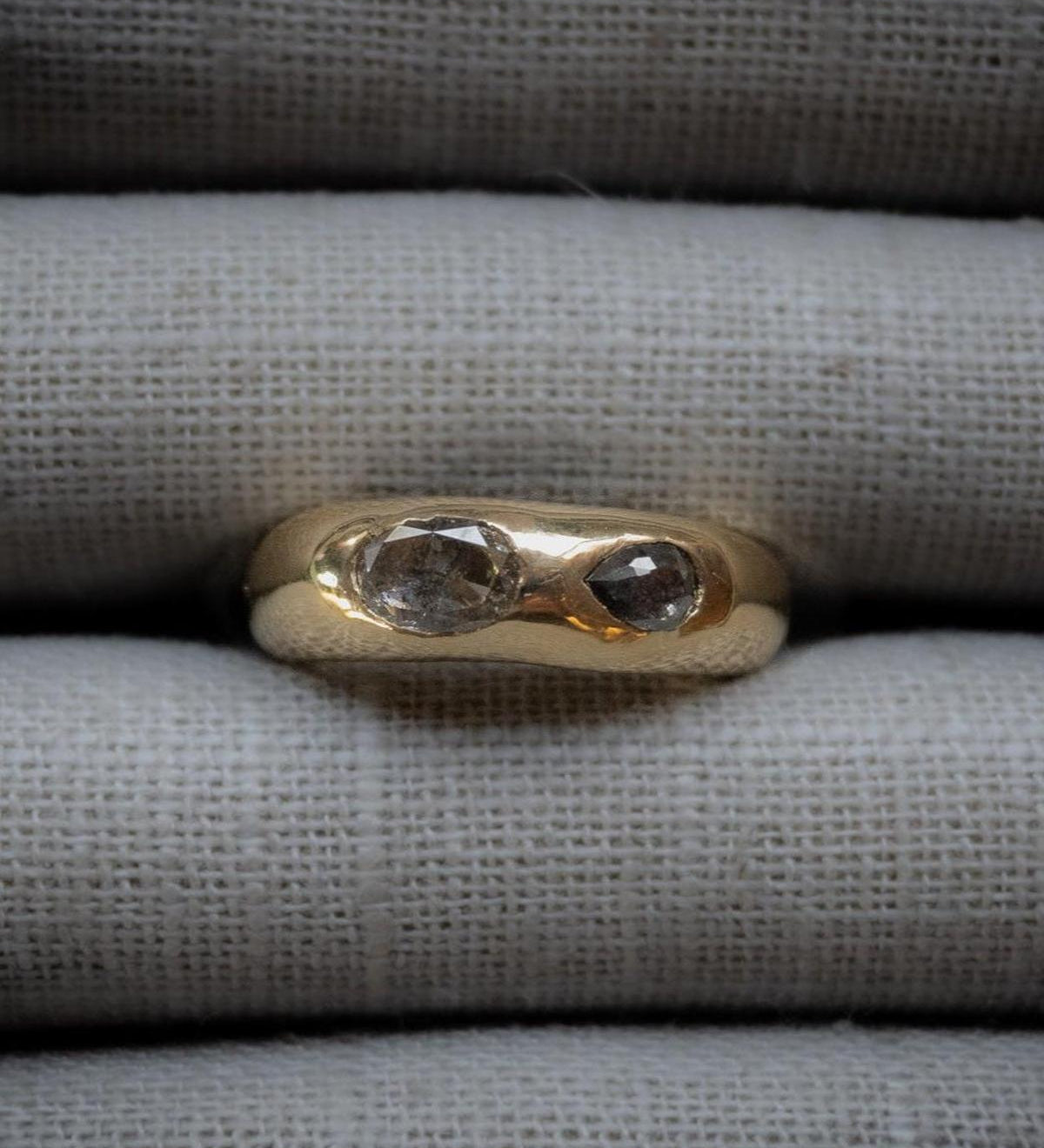 1.47 Carat Two Stone Salt & Pepper Diamond Dome Ring Band, 10k Yellow Gold - Dea Dia
