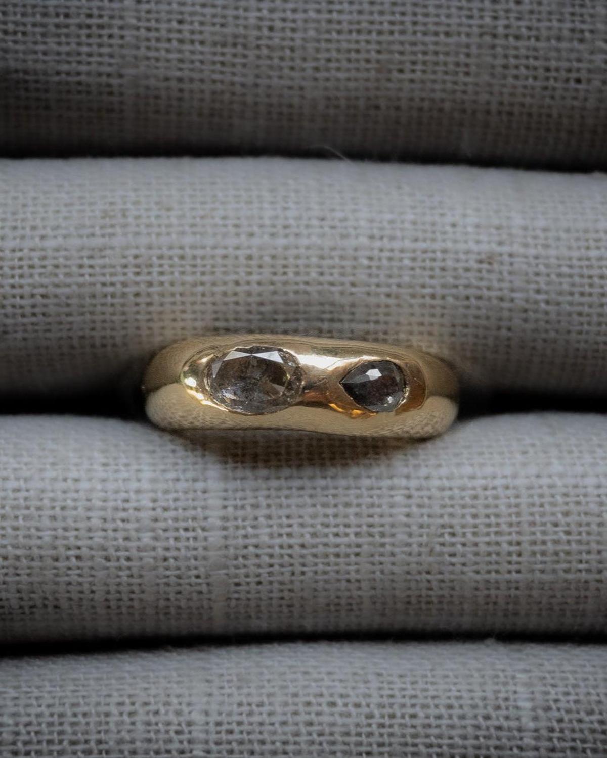 1.47 Carat Two Stone Salt & Pepper Diamond Dome Ring Band, 10k Yellow Gold - Dea Dia