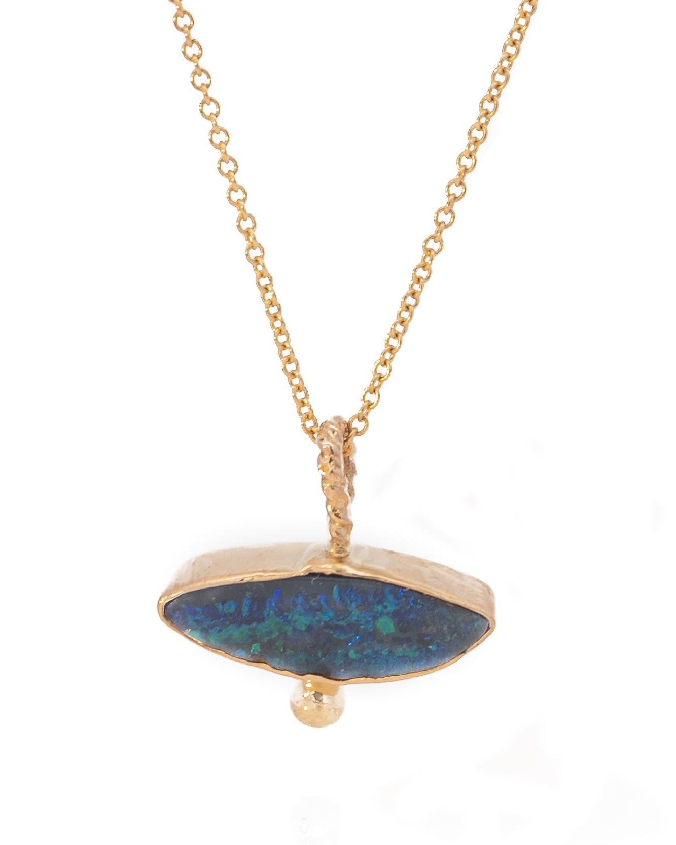 14k Gold Freeform Marquise Blue Boulder Opal Pendant - Dea Dia