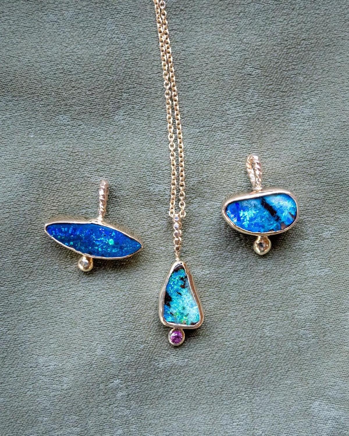 14k Gold Freeform Marquise Blue Boulder Opal Pendant - Dea Dia