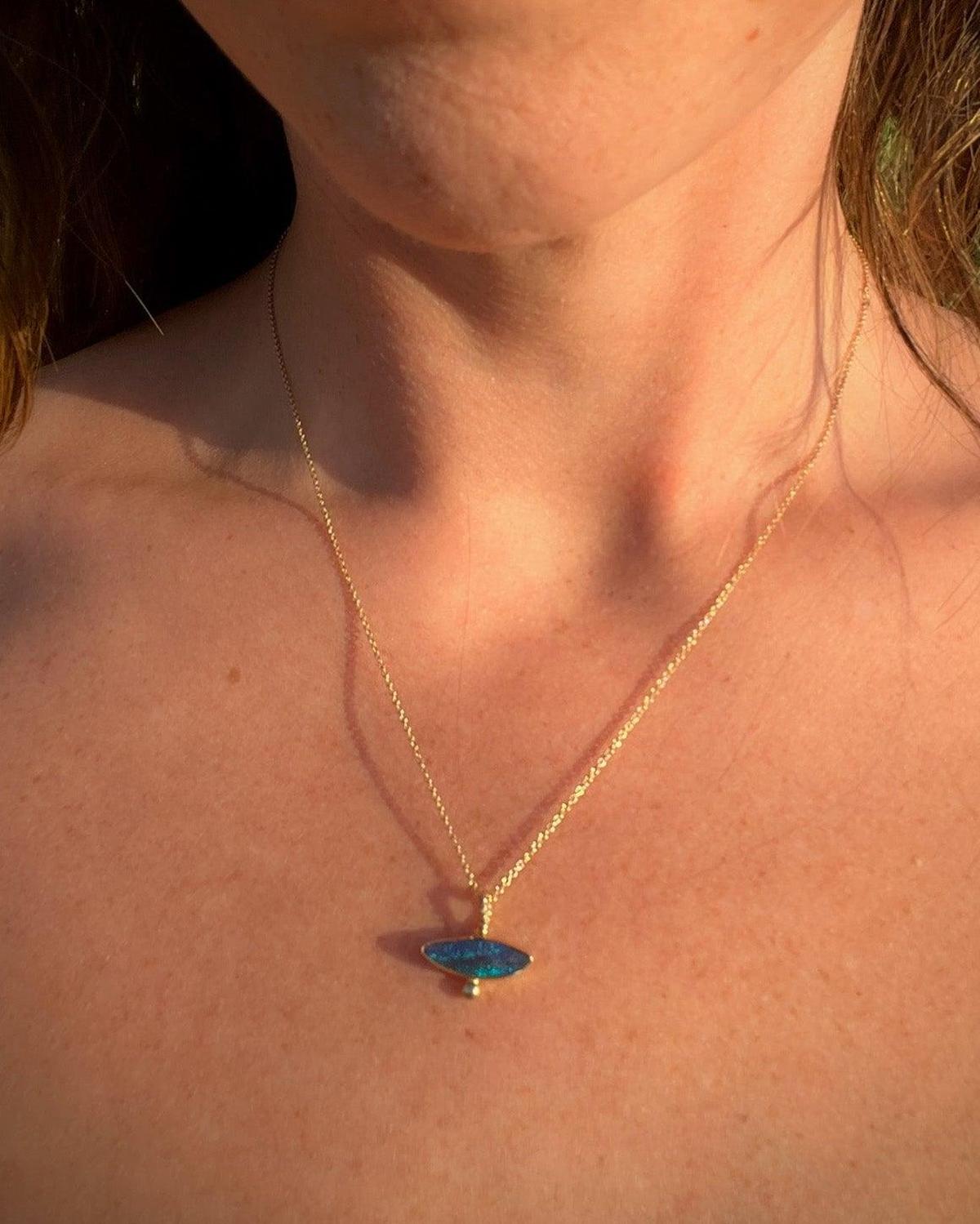 14k Gold Freeform Marquise Blue Boulder Opal Pendant - Dea Dia