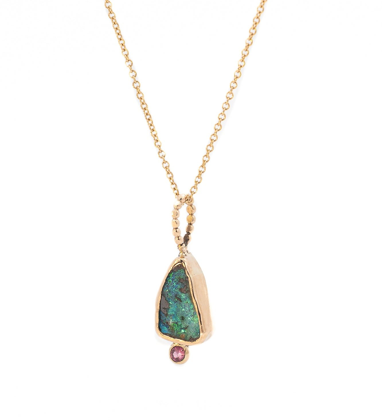 14k Gold Green Fire Freeform Boulder Opal and Ruby Pendant - Dea Dia