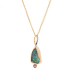 14k Gold Green Fire Freeform Boulder Opal and Ruby Pendant - Dea Dia