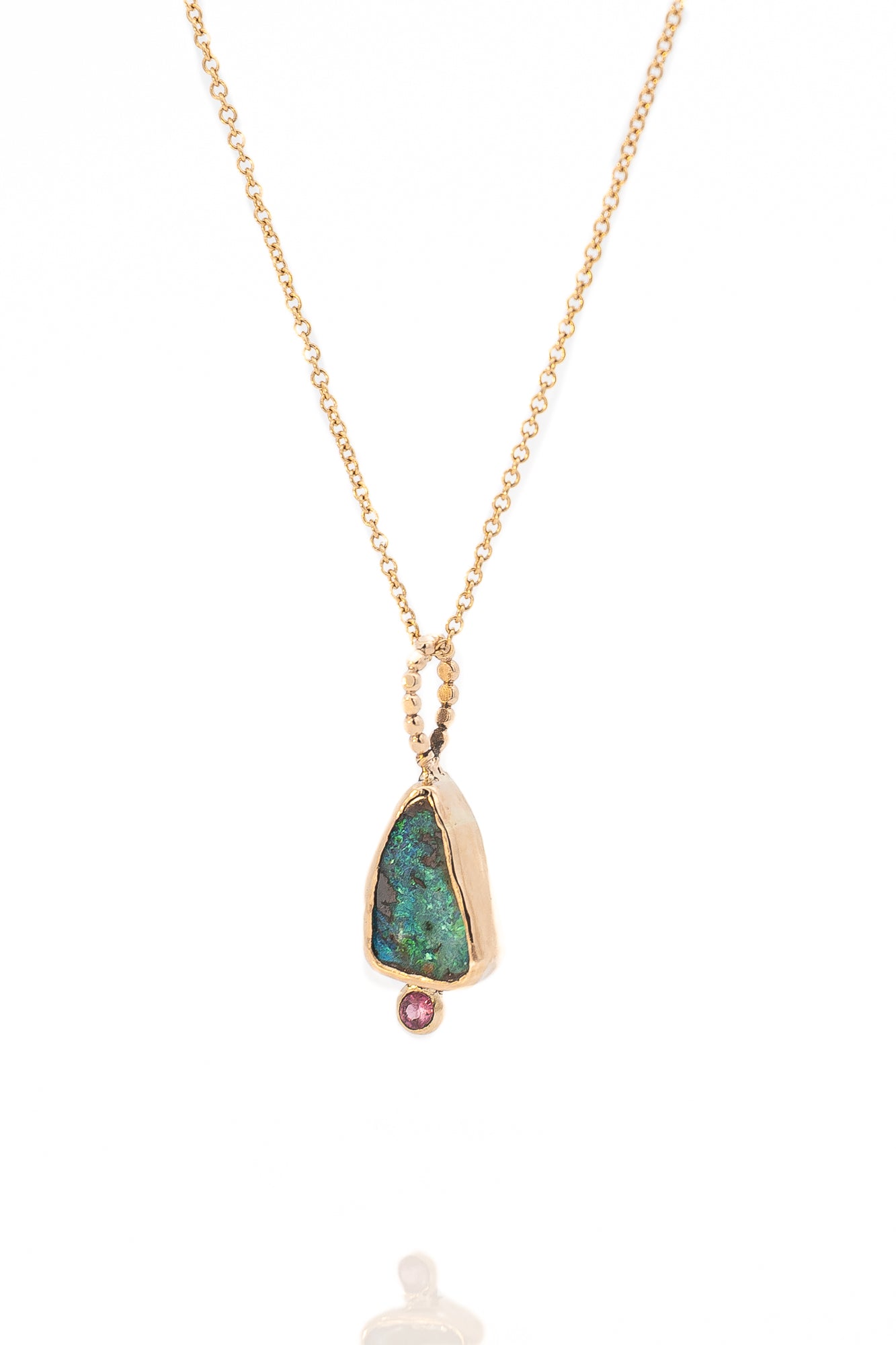 14k Gold Green Fire Freeform Boulder Opal and Ruby Pendant - Dea Dia