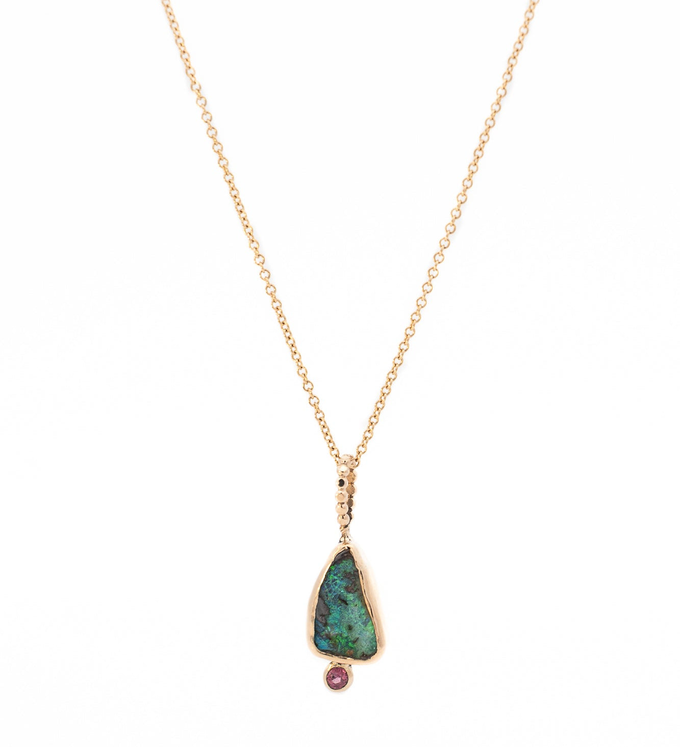 14k Gold Green Fire Freeform Boulder Opal and Ruby Pendant - Dea Dia