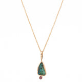 14k Gold Green Fire Freeform Boulder Opal and Ruby Pendant - Dea Dia