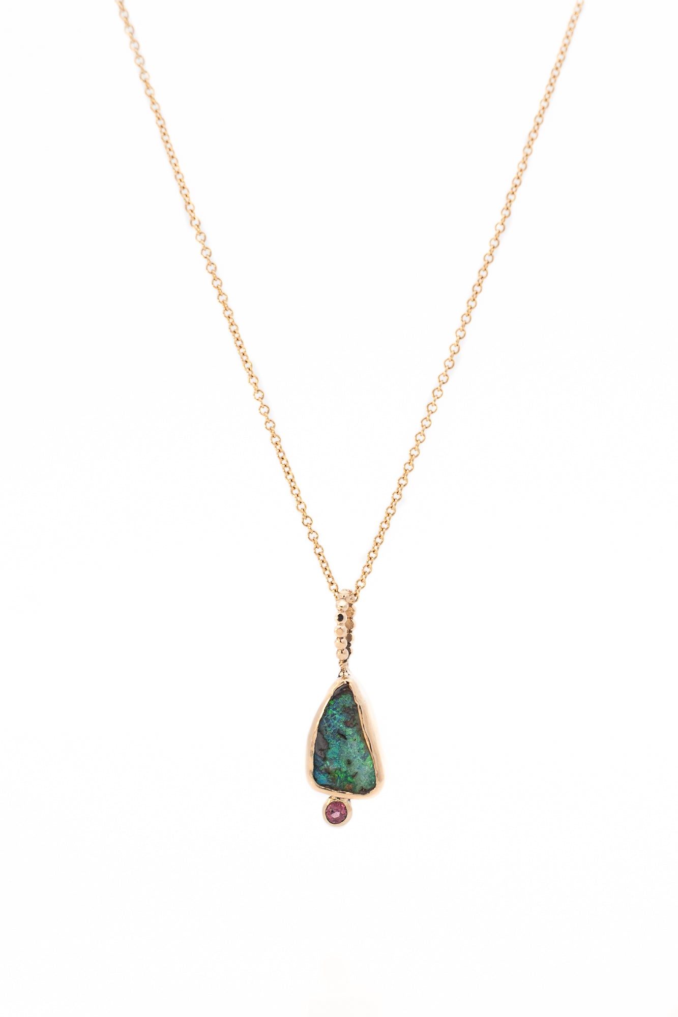 14k Gold Green Fire Freeform Boulder Opal and Ruby Pendant - Dea Dia