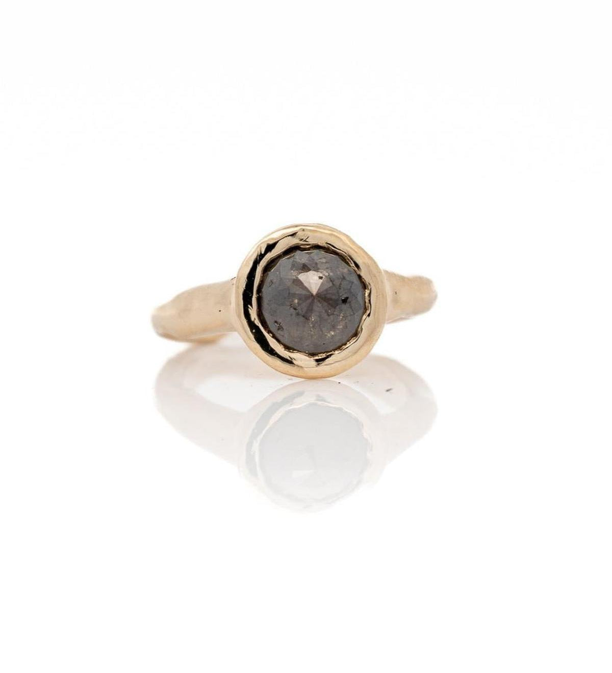 1.74 Carat Black Round Rose Cut Diamond Ceremony Ring, 14k Yellow Gold - Dea Dia