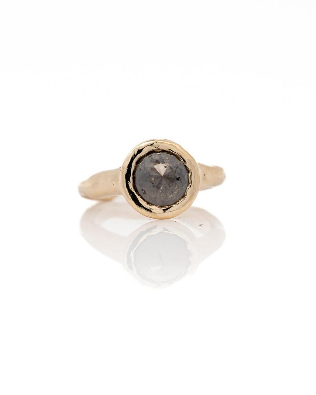 1.74 Carat Black Round Rose Cut Diamond Ceremony Ring, 14k Yellow Gold - Dea Dia