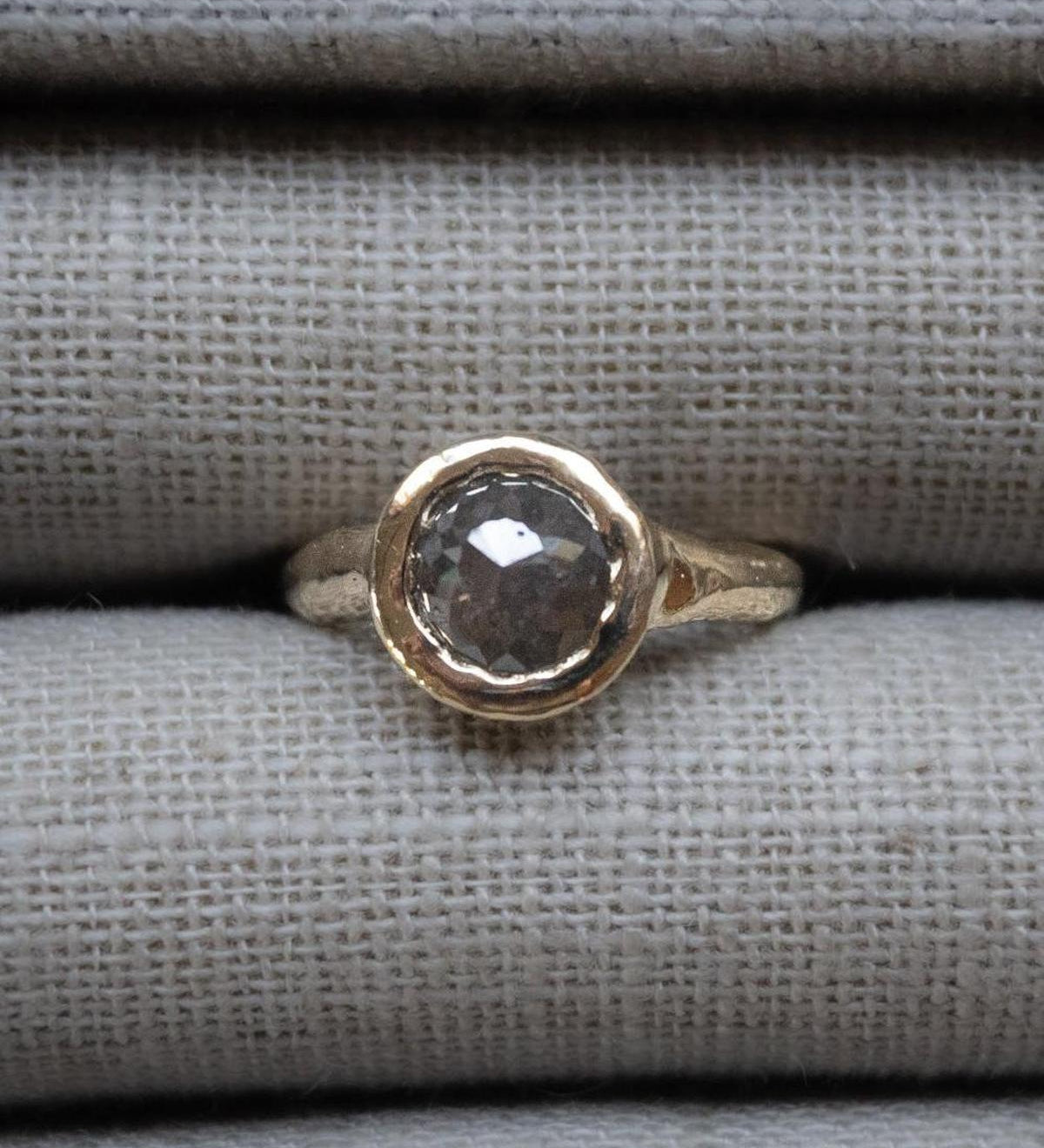 1.74 Carat Black Round Rose Cut Diamond Ceremony Ring, 14k Yellow Gold - Dea Dia