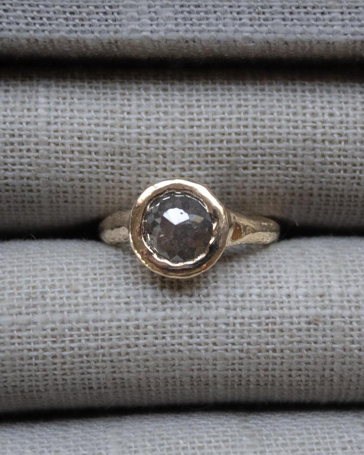 1.74 Carat Black Round Rose Cut Diamond Ceremony Ring, 14k Yellow Gold - Dea Dia