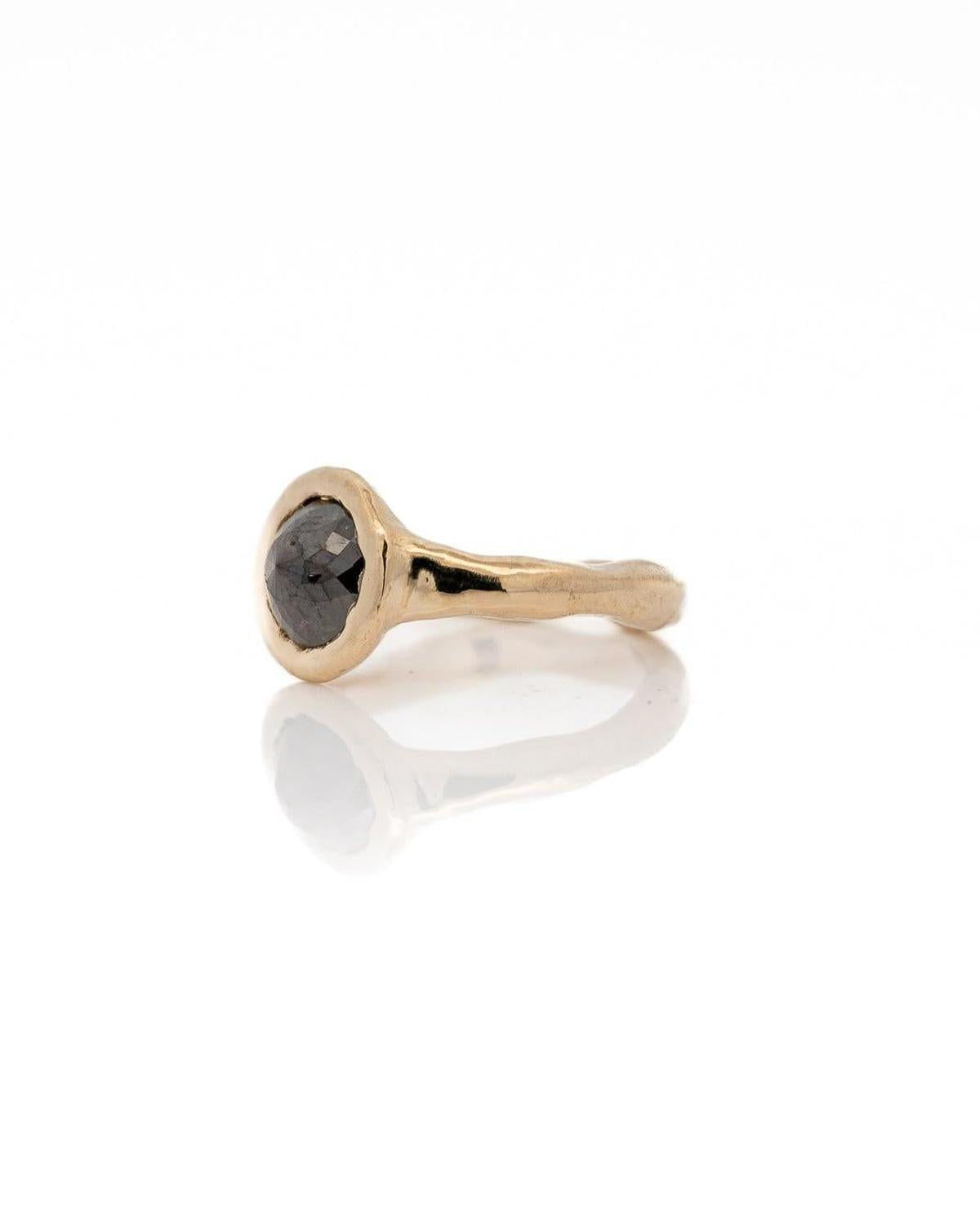 1.74 Carat Black Round Rose Cut Diamond Ceremony Ring, 14k Yellow Gold - Dea Dia