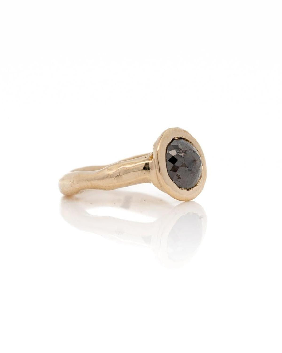 1.74 Carat Black Round Rose Cut Diamond Ceremony Ring, 14k Yellow Gold - Dea Dia