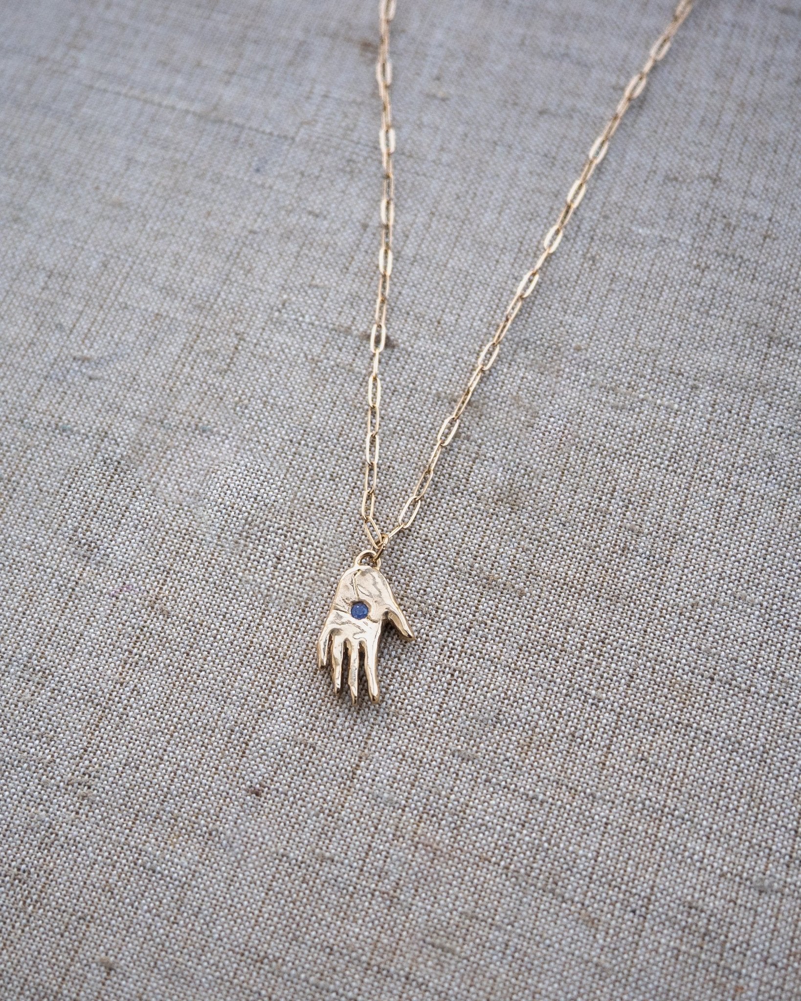 Hand Talisman Charm, Purple Opalescent Sapphire in Solid 14k Gold - Dea Dia