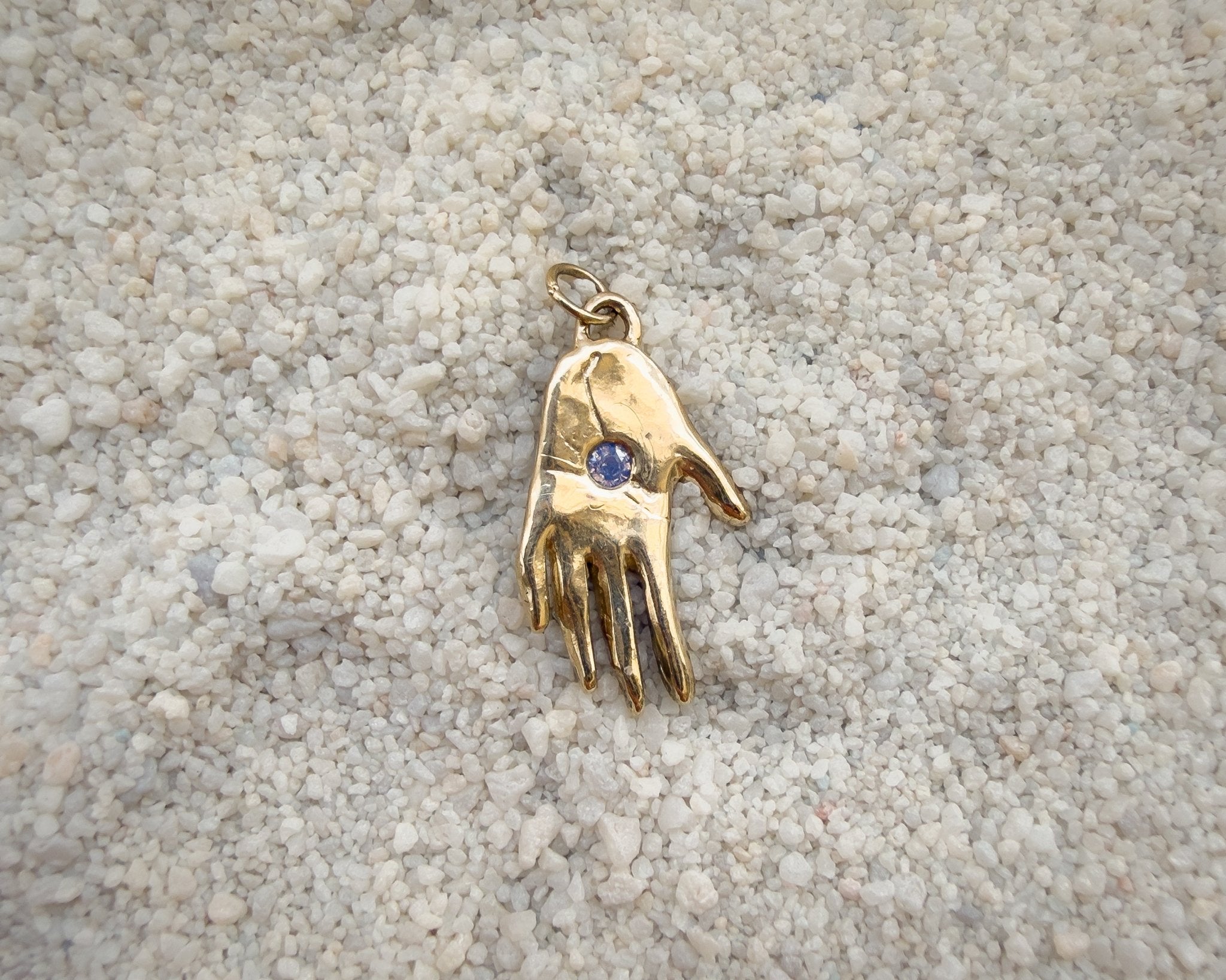Hand Talisman Charm, Purple Opalescent Sapphire in Solid 14k Gold - Dea Dia