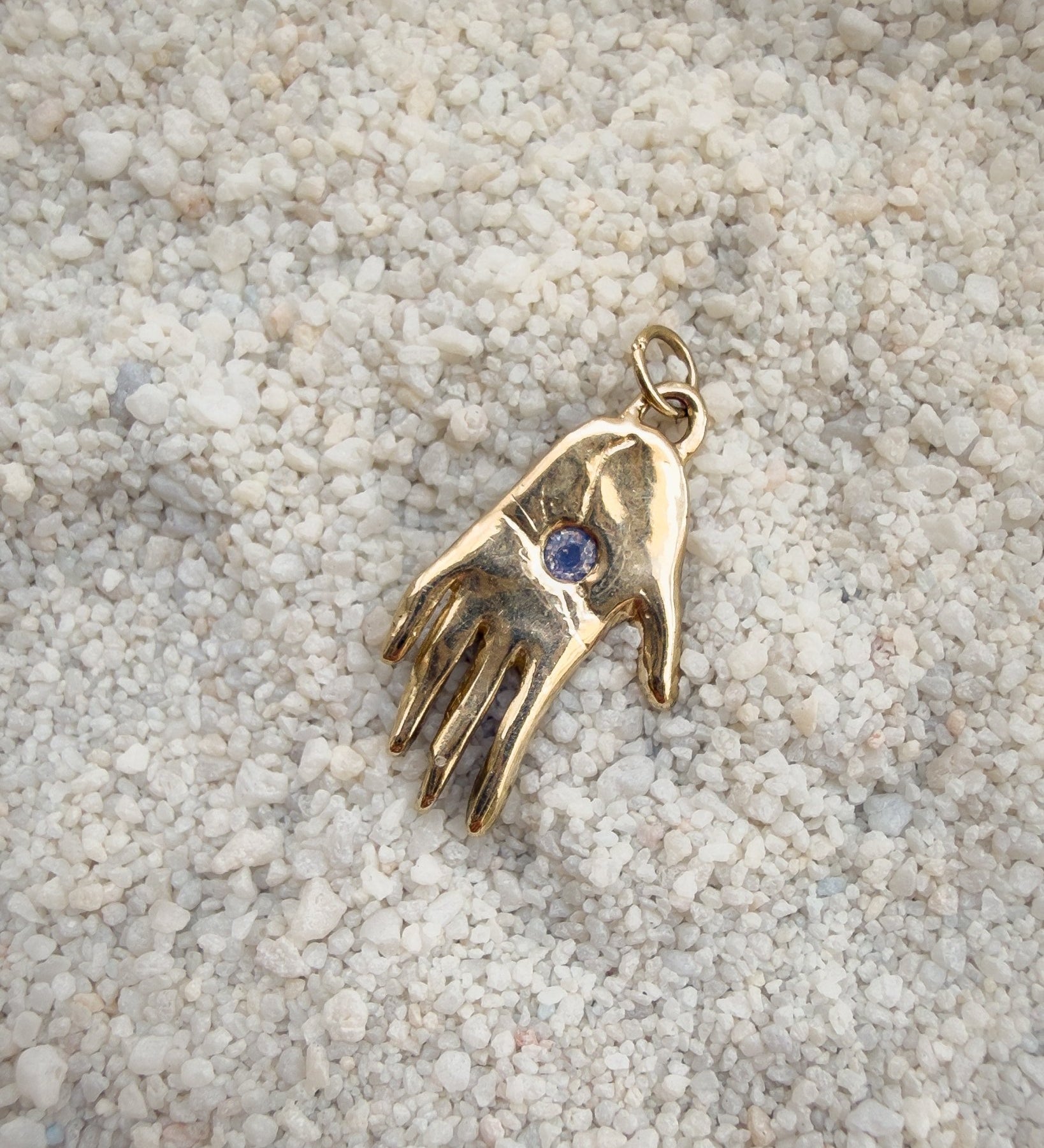 Hand Talisman Charm, Purple Opalescent Sapphire in Solid 14k Gold - Dea Dia