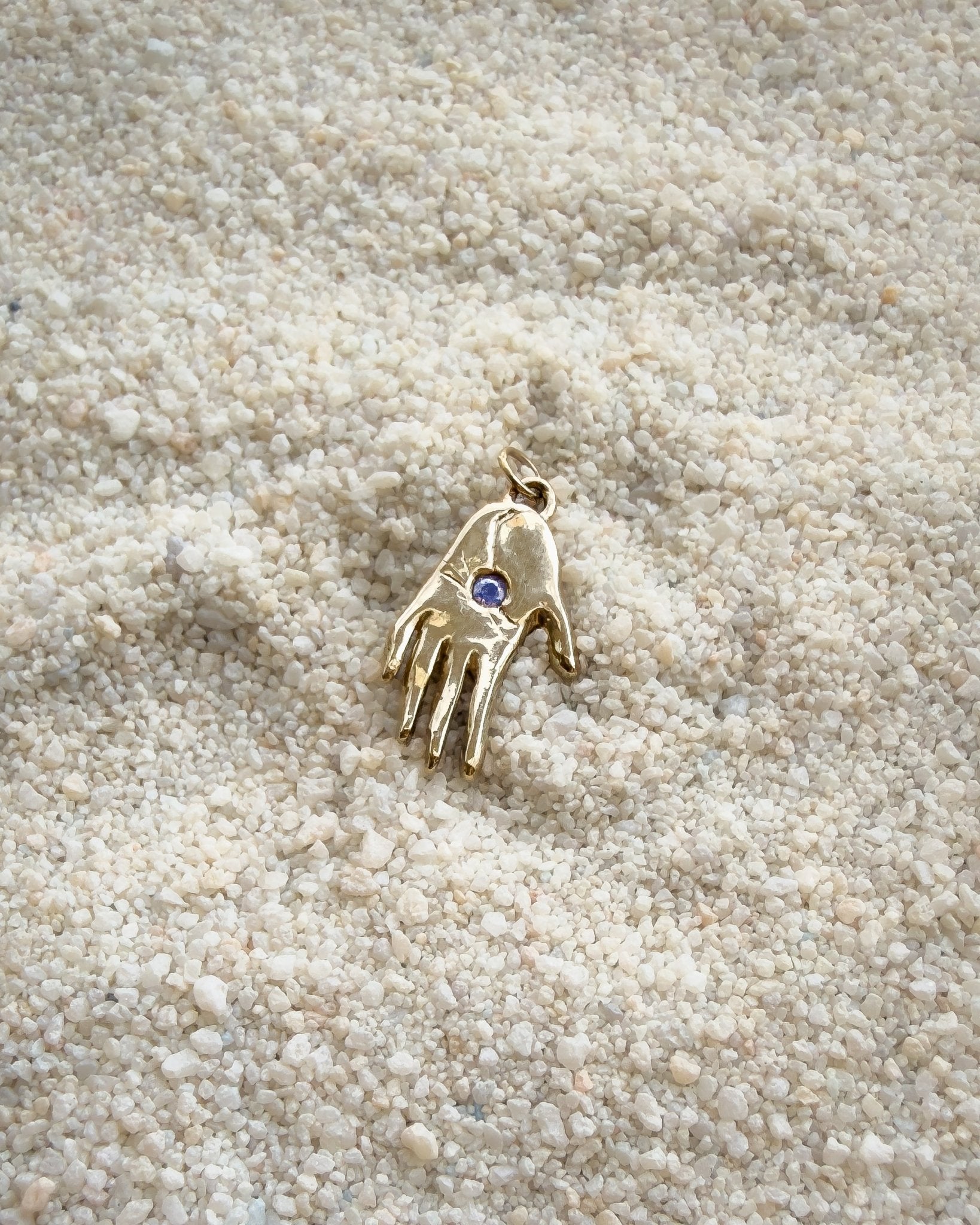 Hand Talisman Charm, Purple Opalescent Sapphire in Solid 14k Gold - Dea Dia