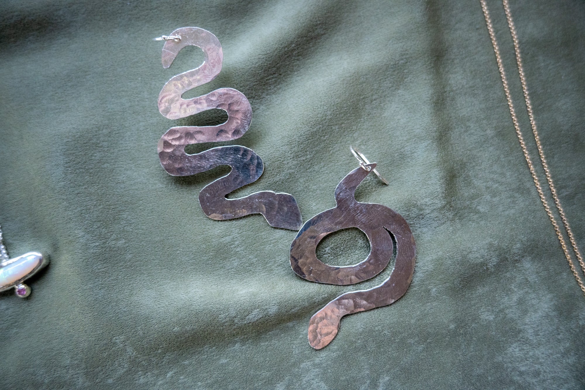 Mismatched Silver Snake Earrings with Hammer Texture - Dea Dia