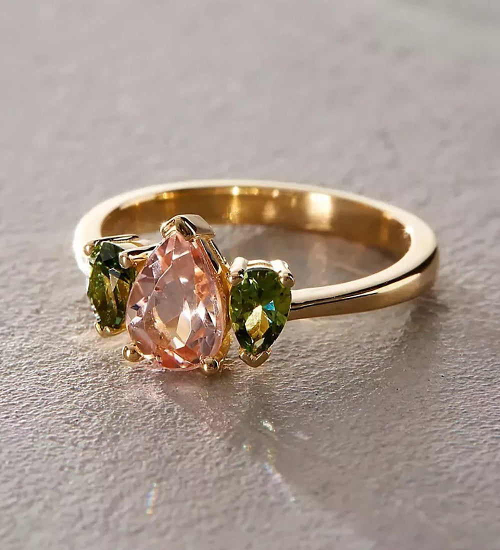 Morganite and Sapphire Triple Pear Gold Ring - Dea Dia