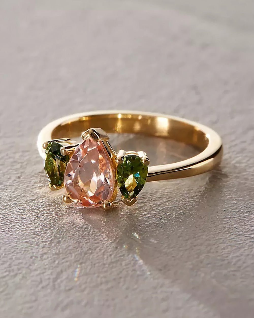 Morganite and Sapphire Triple Pear Gold Ring - Dea Dia