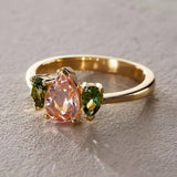 Morganite and Sapphire Triple Pear Gold Ring - Dea Dia