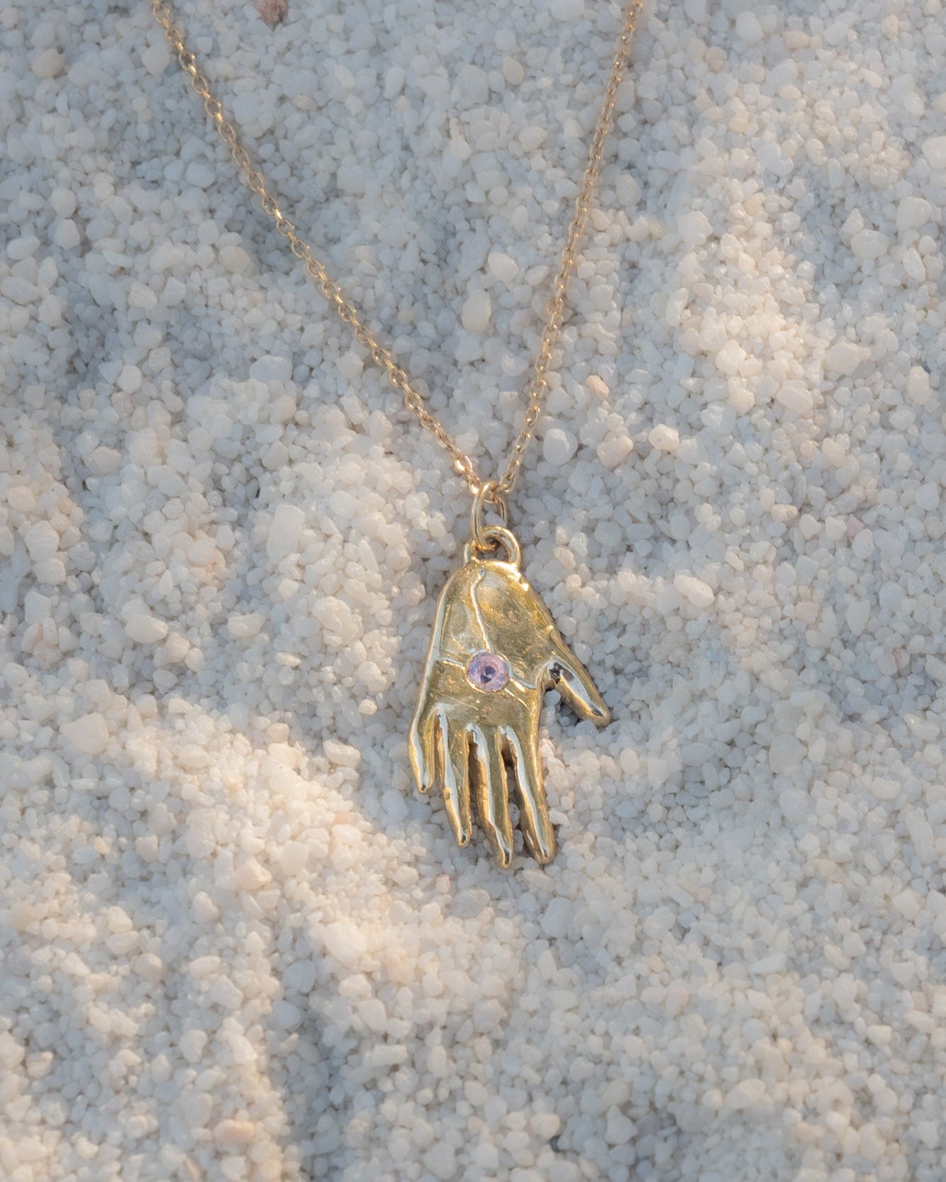 One of a Kind 14k Hand Talisman Charm with Milky Pink Sapphire - Dea Dia