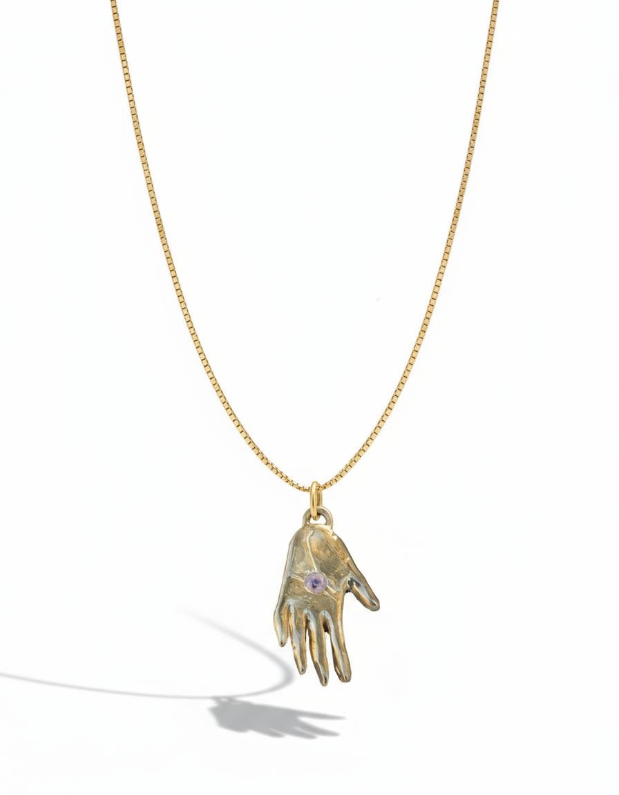 One of a Kind 14k Hand Talisman Charm with Milky Pink Sapphire - Dea Dia