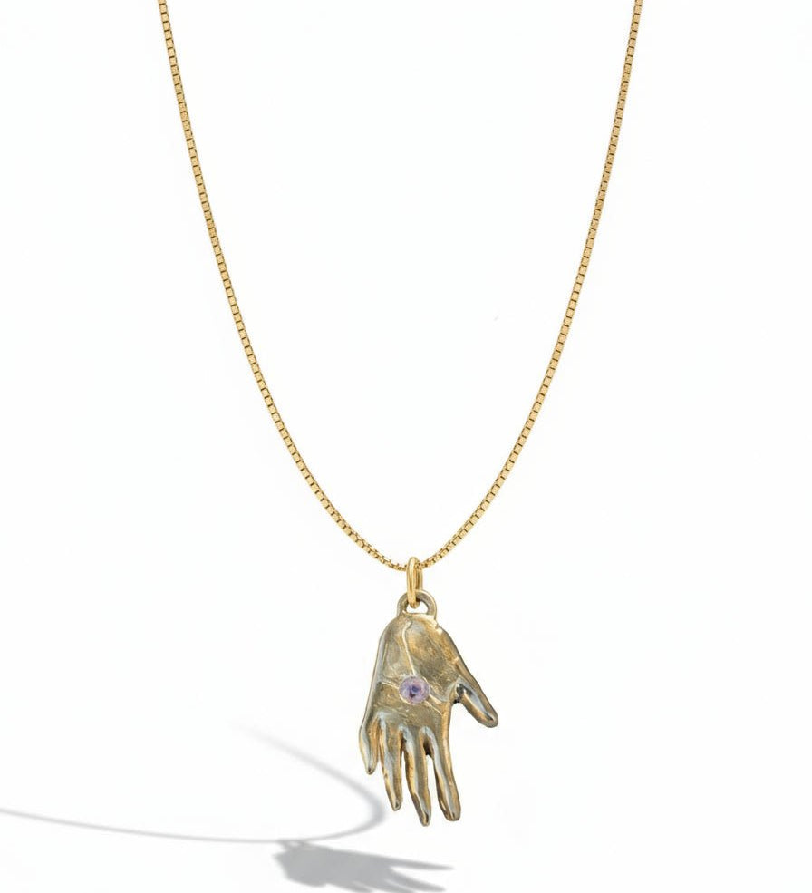 One of a Kind 14k Hand Talisman Charm with Milky Pink Sapphire - Dea Dia