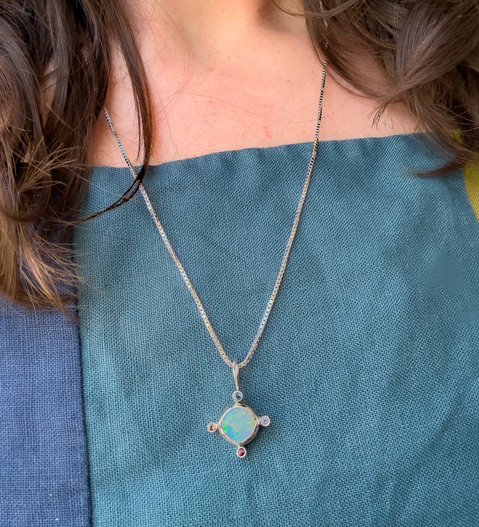 Opal Compass Charm, Australian Opal & Sapphire in Recycled Silver - Dea Dia