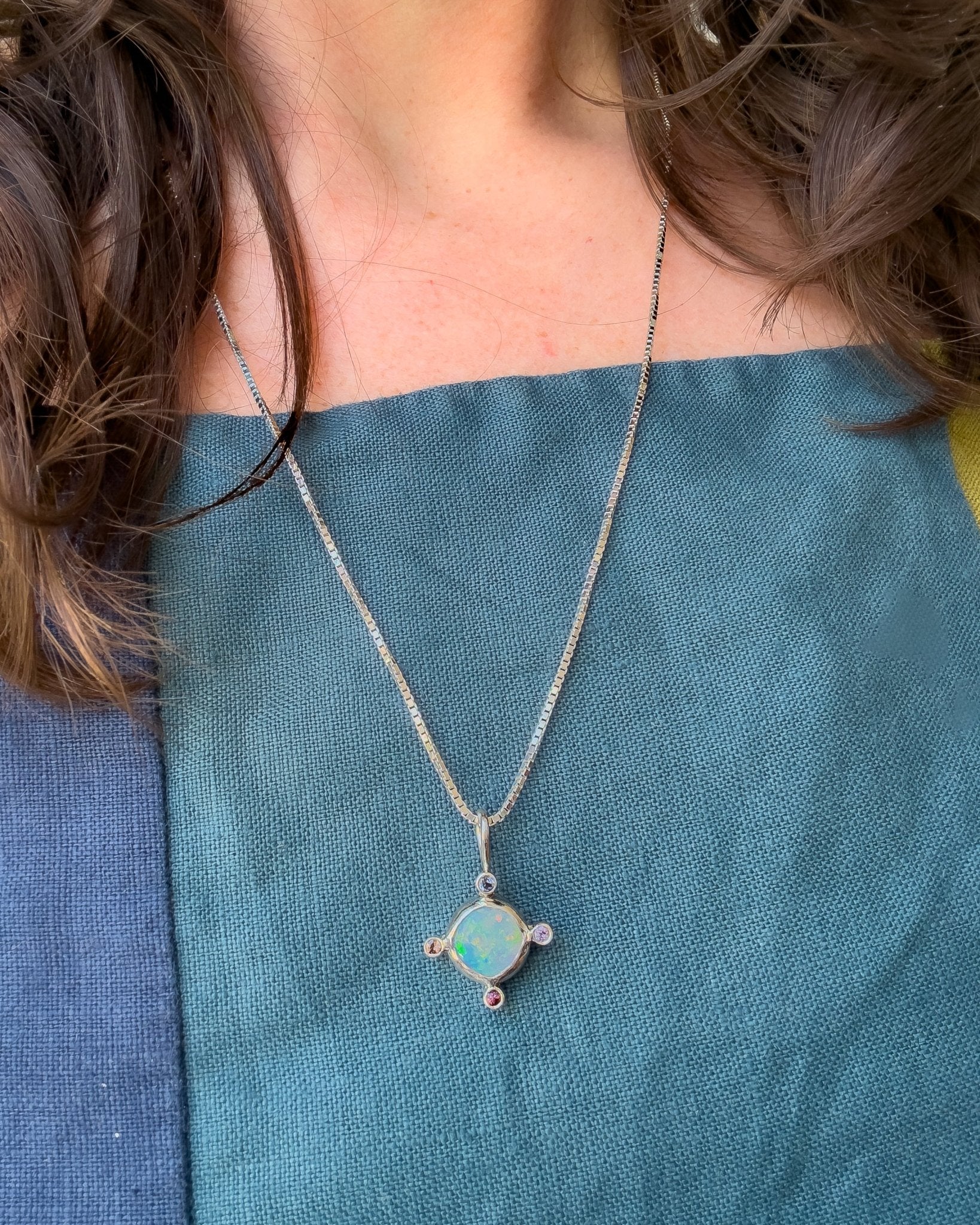 Opal Compass Charm, Australian Opal & Sapphire in Recycled Silver - Dea Dia