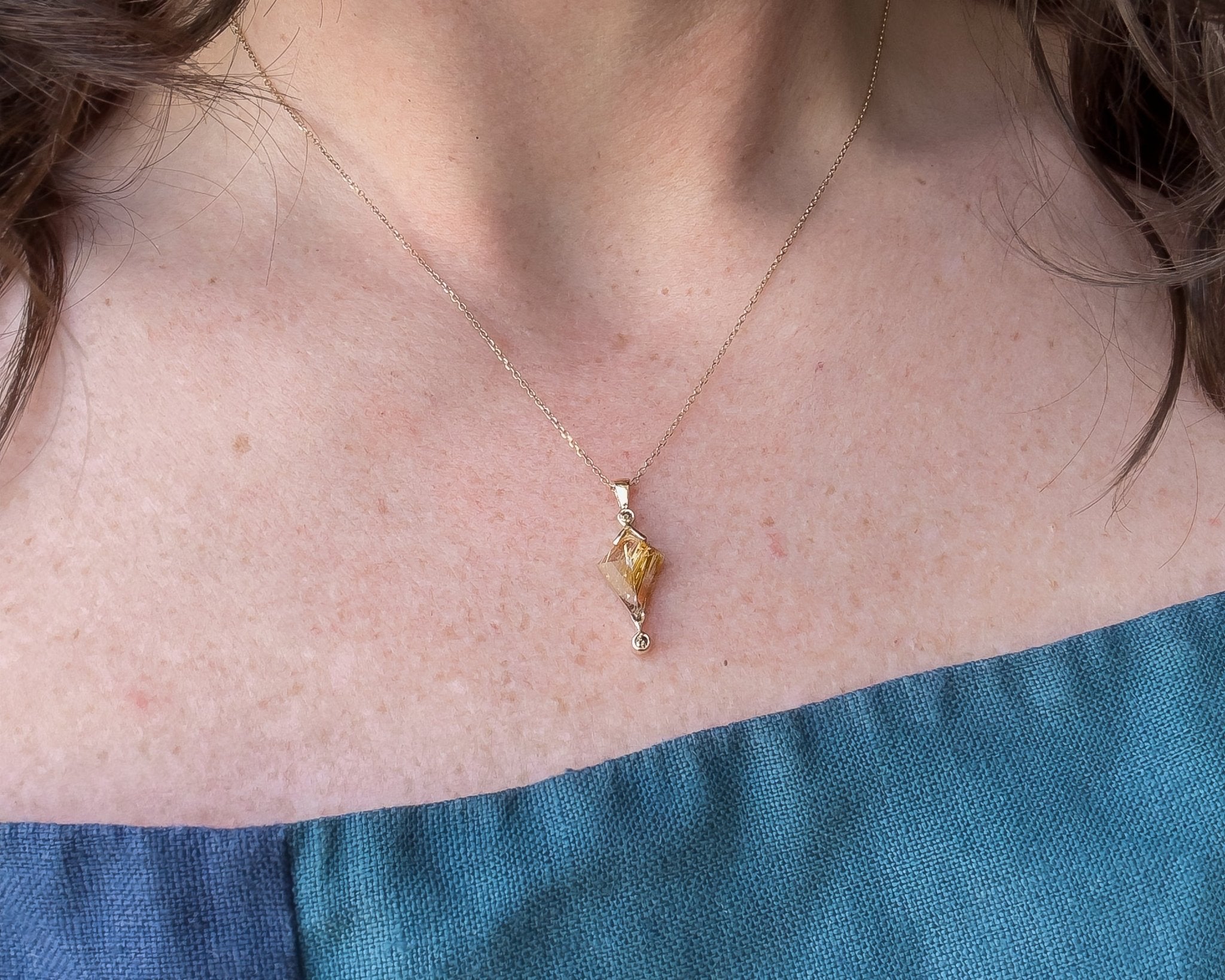 Rutilated Quartz Kite Charm, Champagne Diamond in Solid 14k Gold - Dea Dia