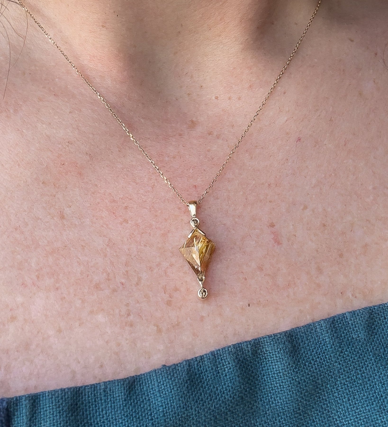 Rutilated Quartz Kite Charm, Champagne Diamond in Solid 14k Gold - Dea Dia