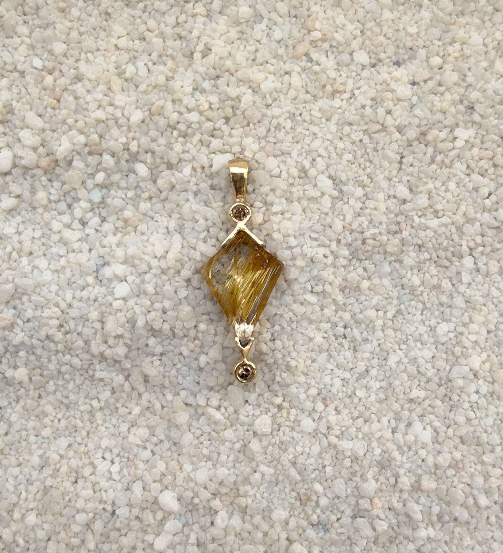 Rutilated Quartz Kite Charm, Champagne Diamond in Solid 14k Gold - Dea Dia