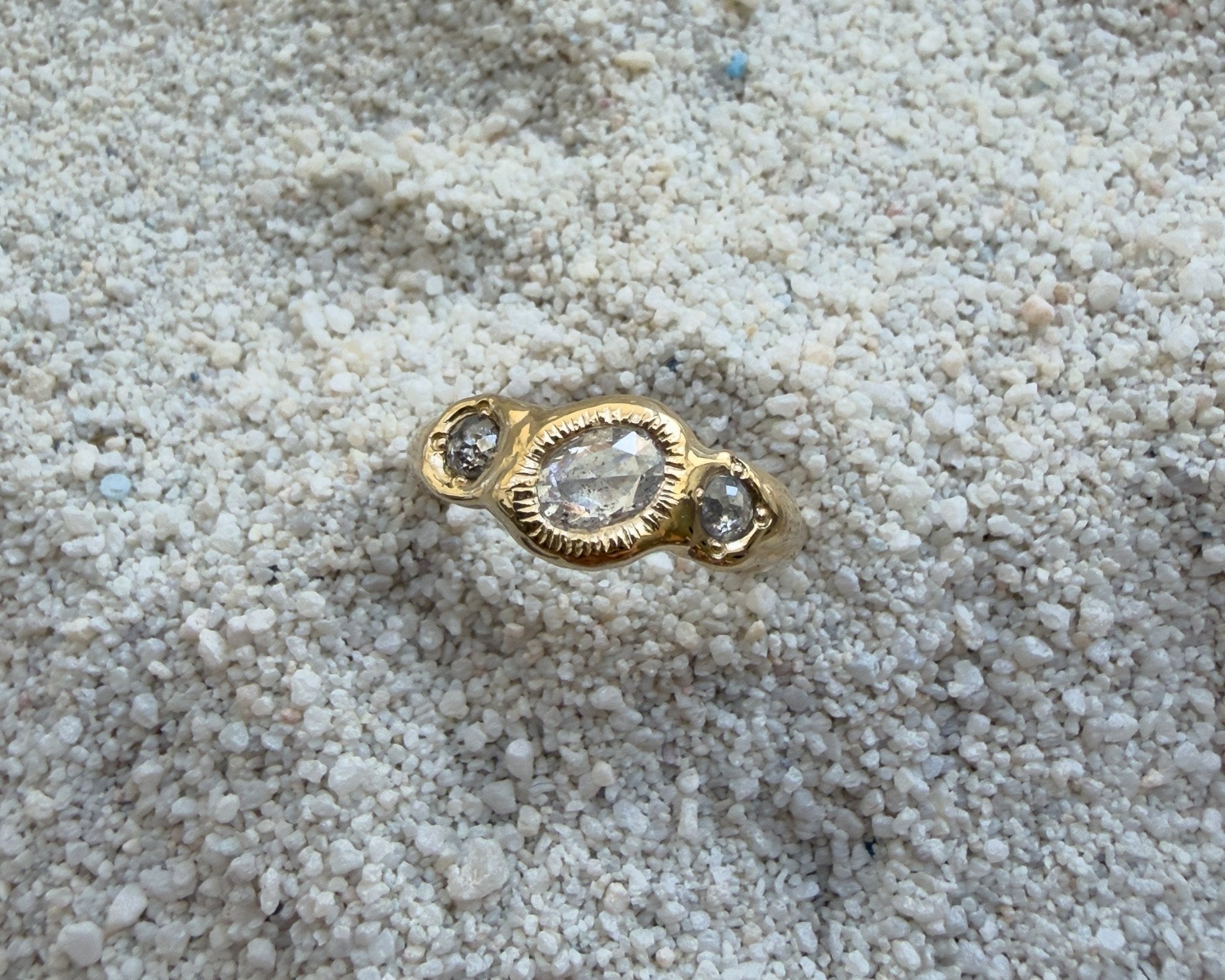 Salt & Pepper Diamond Three Stone Engagement Ring in Solid 14k Gold - Dea Dia