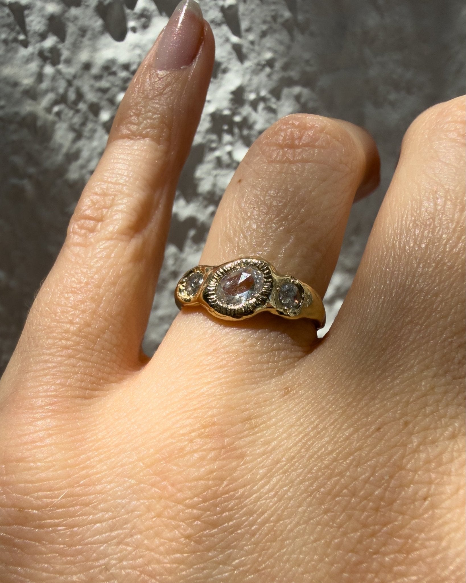 Salt & Pepper Diamond Three Stone Engagement Ring in Solid 14k Gold - Dea Dia