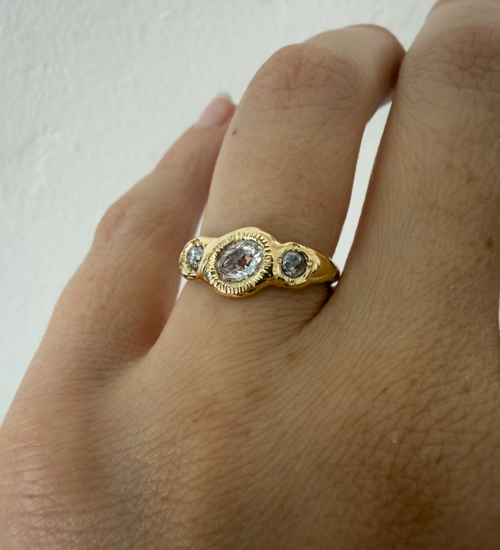 Salt & Pepper Diamond Three Stone Engagement Ring in Solid 14k Gold - Dea Dia