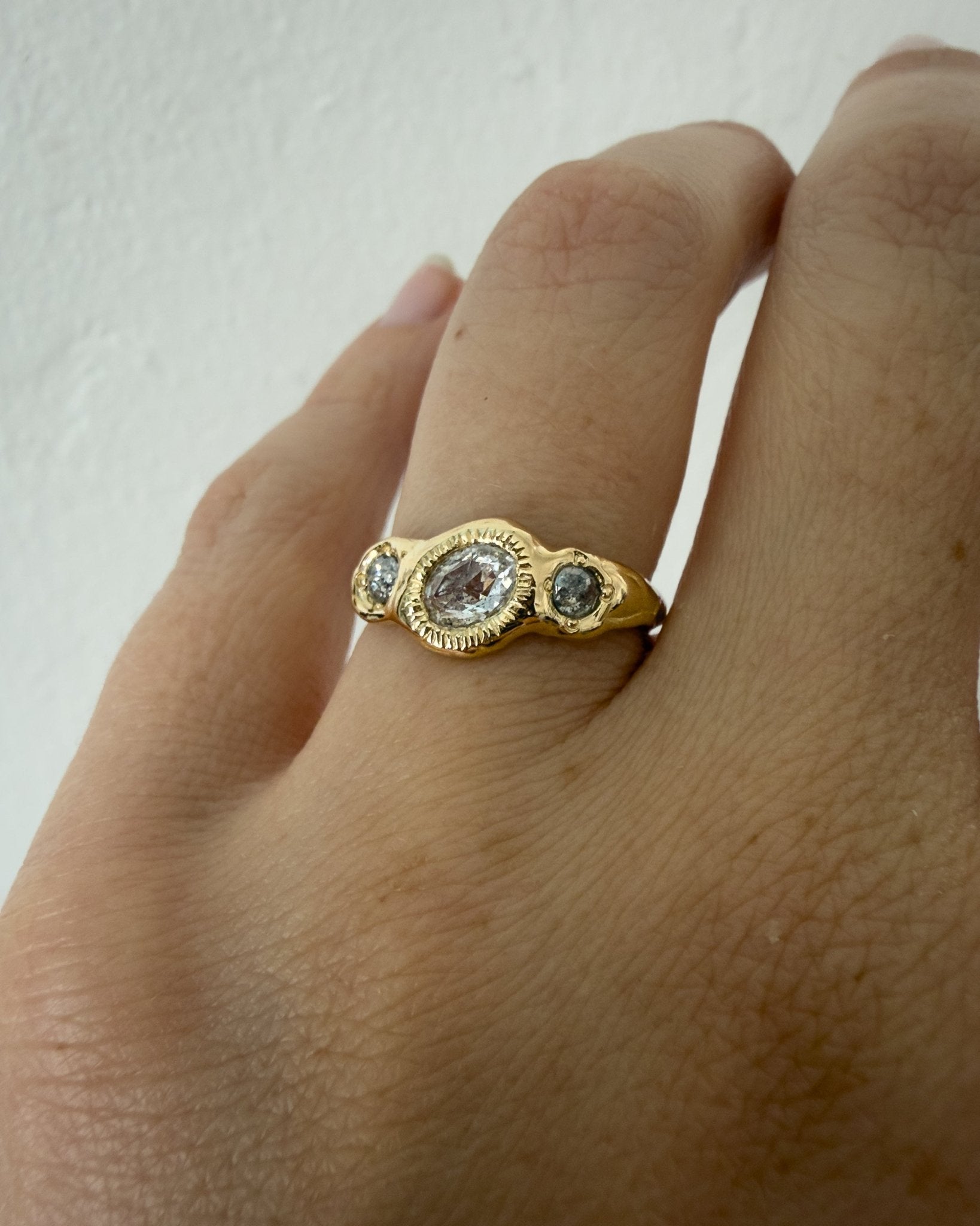 Salt & Pepper Diamond Three Stone Engagement Ring in Solid 14k Gold - Dea Dia