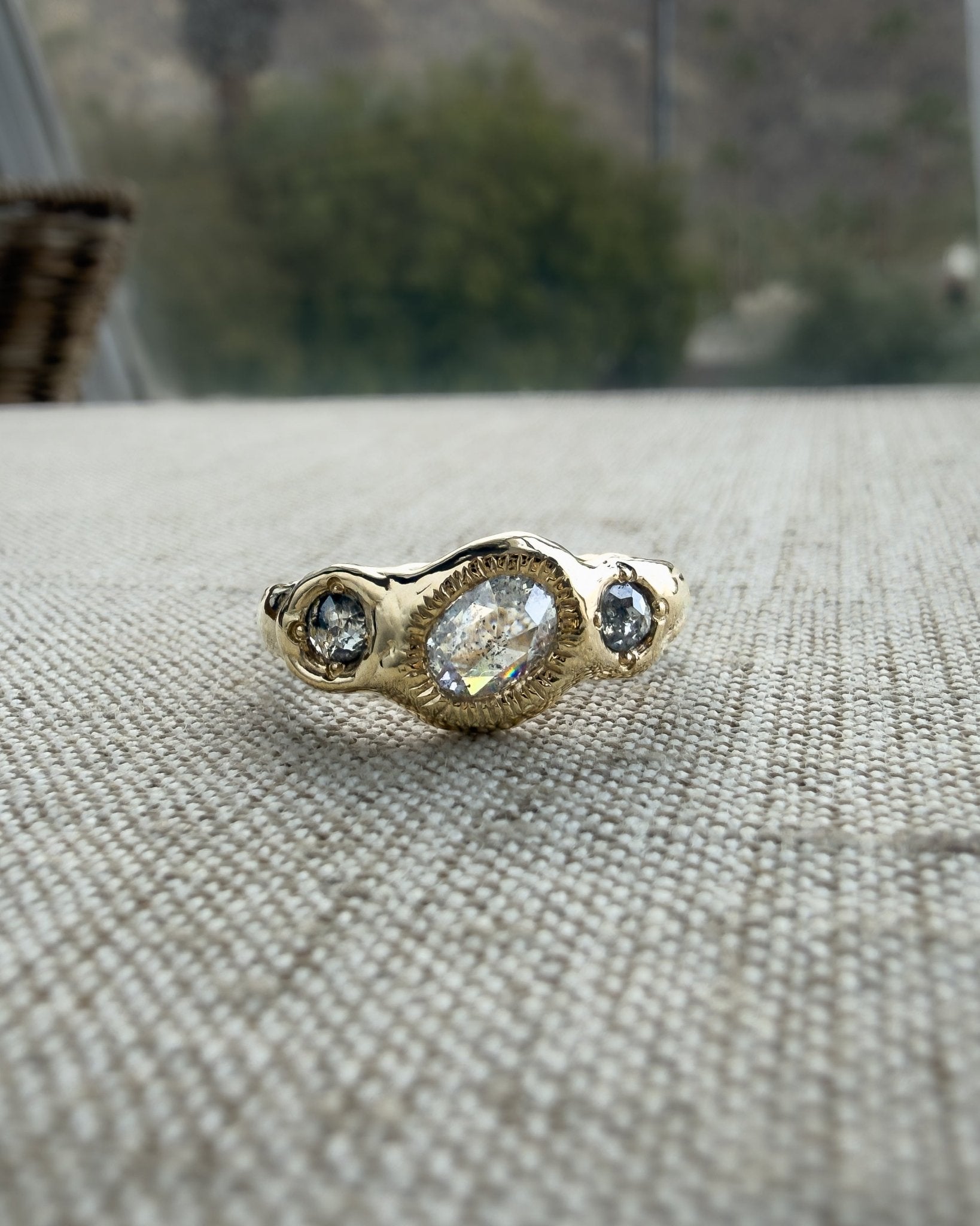 Salt & Pepper Diamond Three Stone Engagement Ring in Solid 14k Gold - Dea Dia