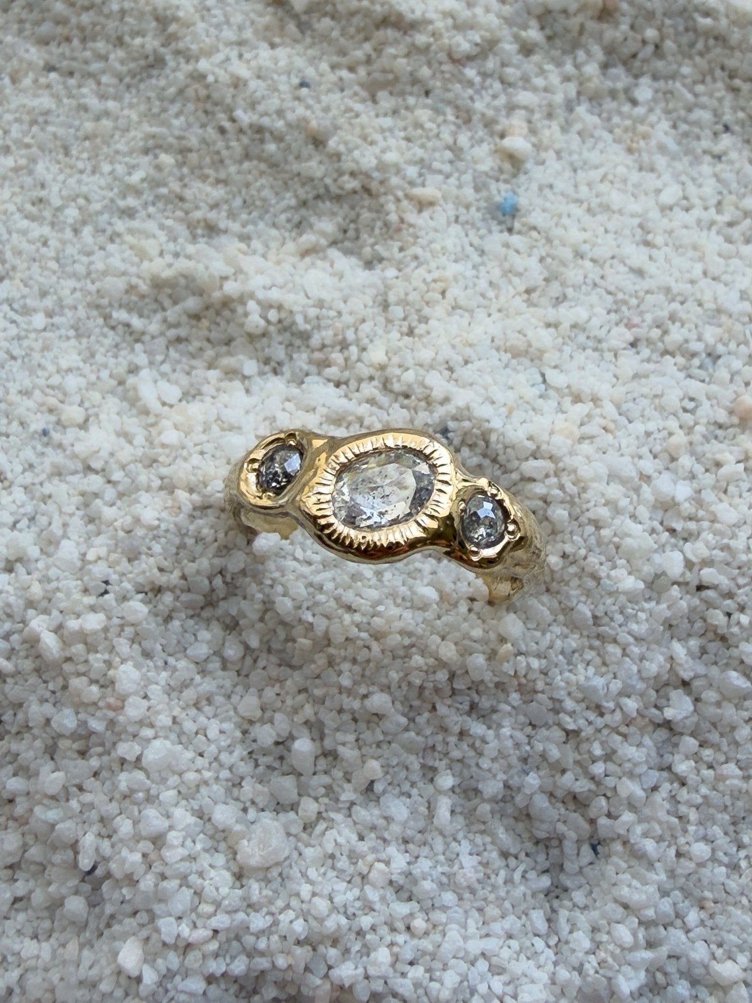 Salt & Pepper Diamond Three Stone Engagement Ring in Solid 14k Gold - Dea Dia