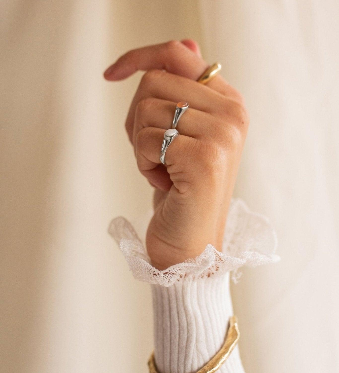 Yin Pinky Ring - Silver Peach Moonstone Pinky Ring - Dea Dia