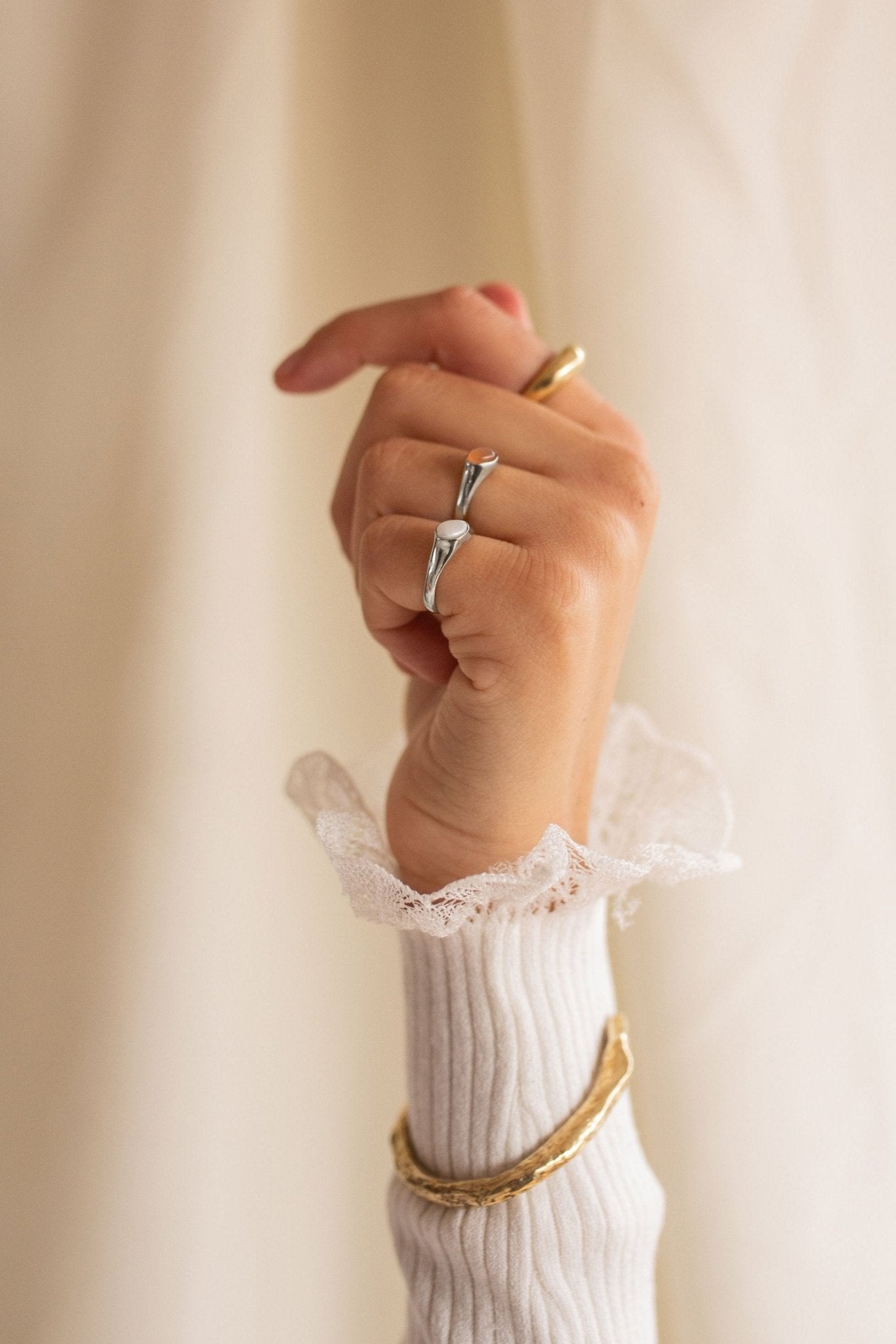 Yin Pinky Ring - Silver Peach Moonstone Pinky Ring - Dea Dia