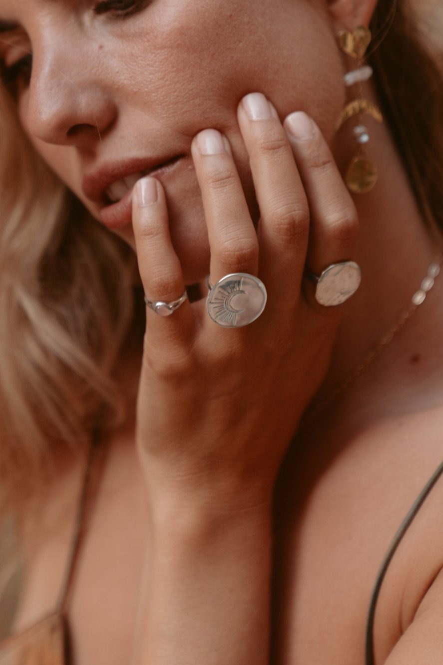 Yin Pinky Ring - Silver Peach Moonstone Pinky Ring - Dea Dia