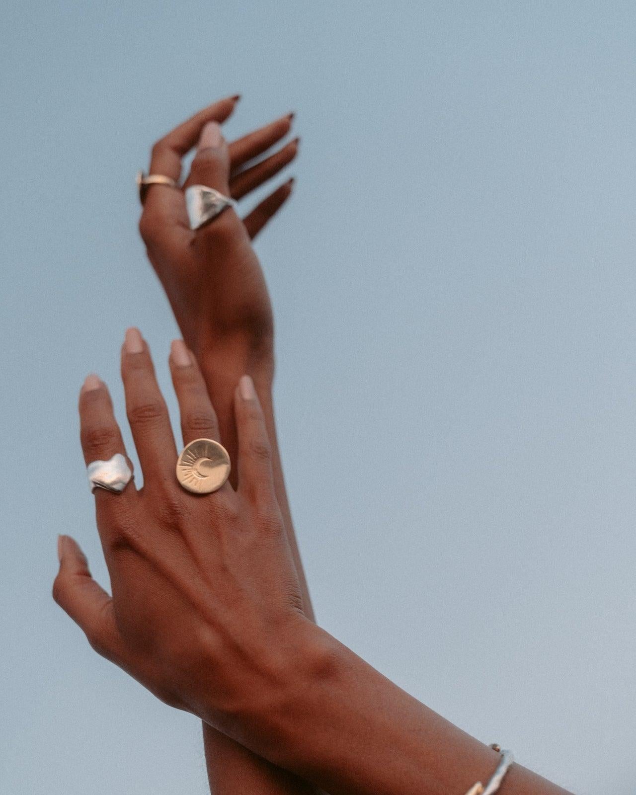 Eros Silver Heart Signet Ring - Silver Heart Ring and Gold Moon Ring - Dea Dia